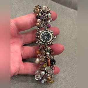 Geneva Multicolor Beaded Wire-Wrap Bracelet Watch.